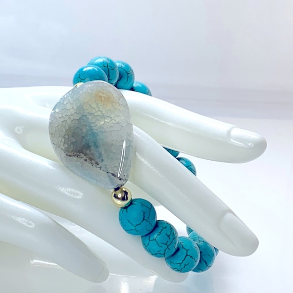 BLUE MAGNESITE + AGATE NATURAL BRACELET size 7” - Picture 3 of 8